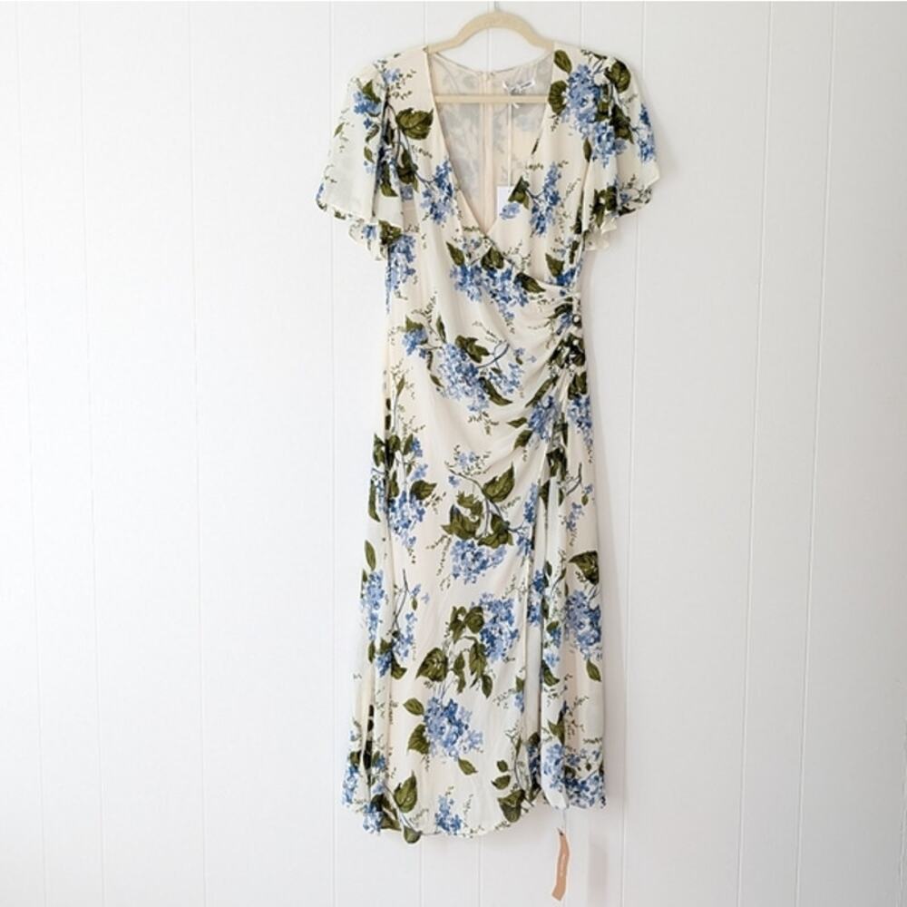 Reformation Breanna Cream Midi Dress with Blue and Green Floral Print